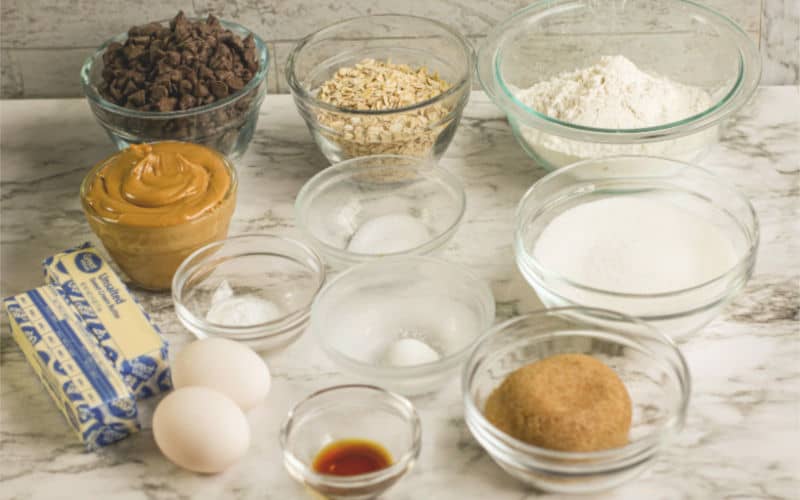 ingredients for chocolate chip peanut butter oatmeal raisin all star cookies