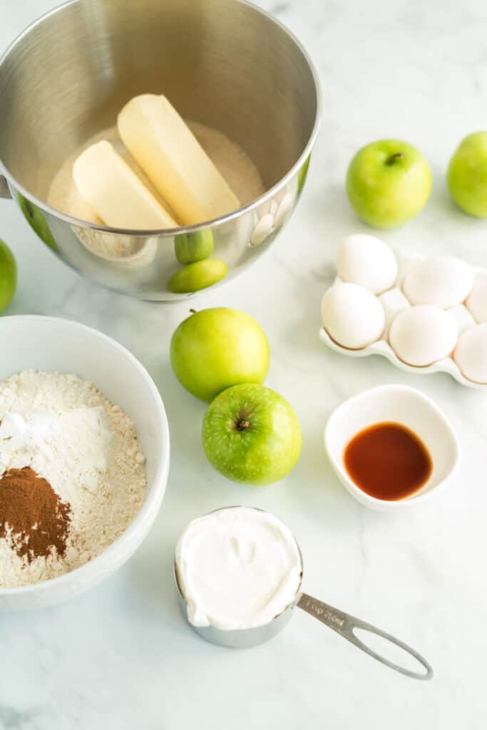 apple, eggs, caramel, sugar, ingredients for apple pound cake