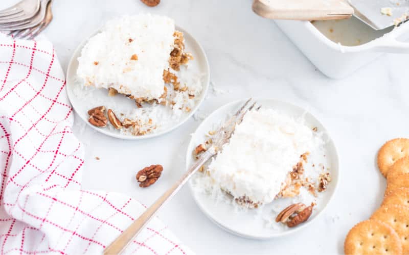 fluffy white Christmas cake with coconuts and pecans