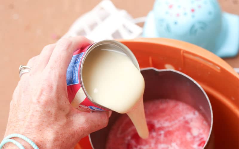 sweetened condensed milk being poured into homemade ice cream maker