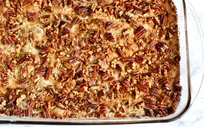 pumpkin pecan cobbler in a casserole dish