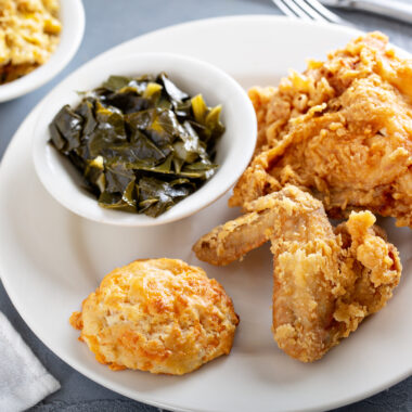 southern foods including fried chicken and collard greens