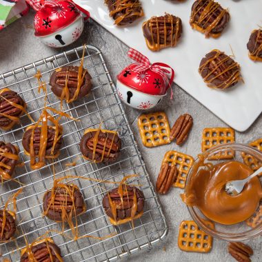 pecan turtle candies drizzled with caramel