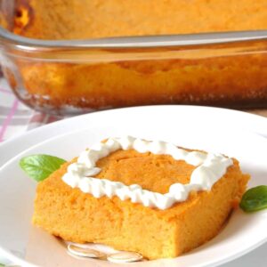 pumpkin souffle casserole with whipped topping